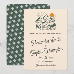 Grüne Retro-Vintage-Gebirgslandschaft-Hochzeit Save The Date