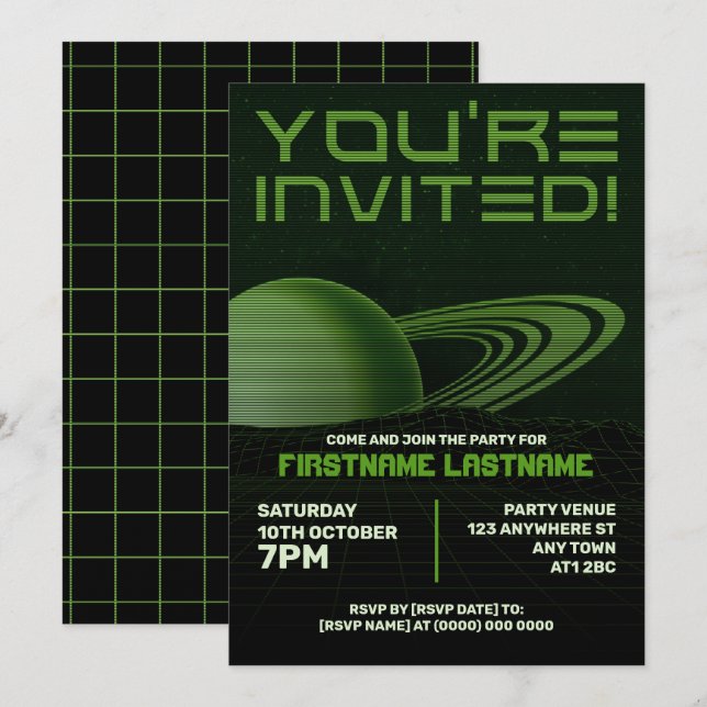 Grüne Retrowave-Party Einladung (Vorne/Hinten)