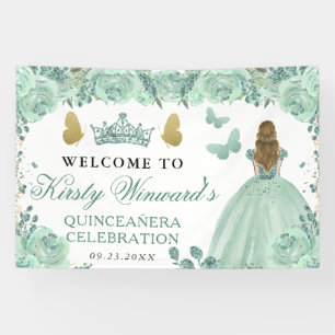 Grüne Robe Blonde Prinzessin Florale Quinceanera Banner