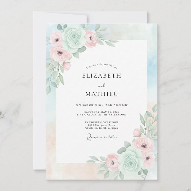 Grüne Romantische Hochzeit in Mint Einladung (Vorderseite)