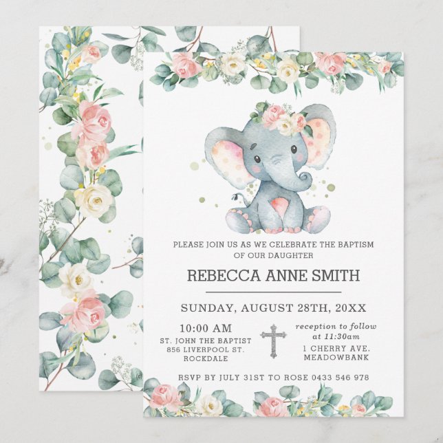 Grüne Rosa Bläserlephant Taufe Christening Einladung (Vorne/Hinten)