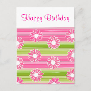 Grüne rosa Blumen Streifen Happy Birthday Postkart Postkarte