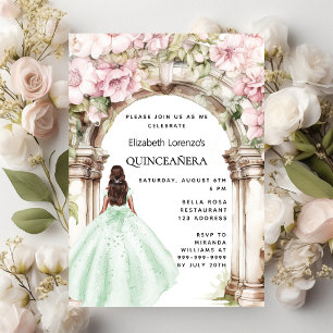Grüne rosa Blumenbogen Kleid Quinceanera Einladung
