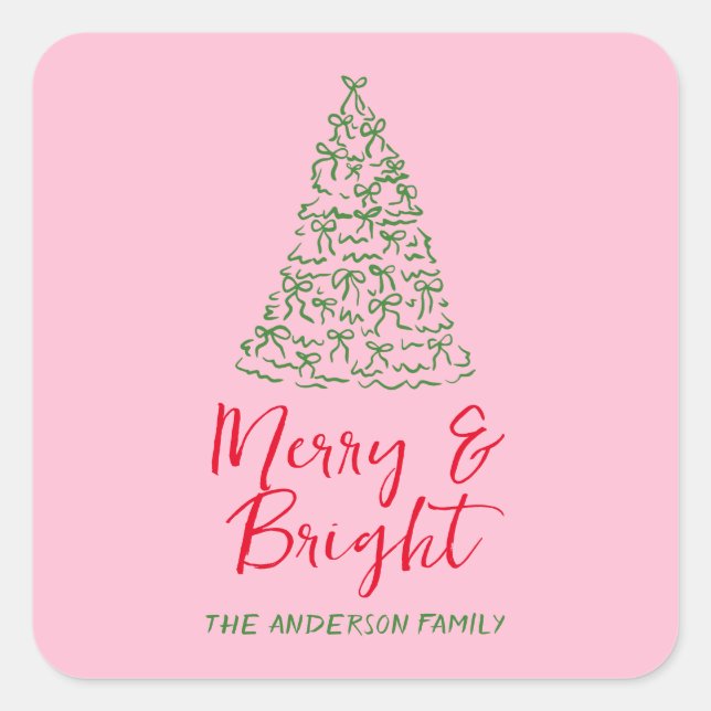 Grüne Rosa Handgezeichnete Ribbons Weihnachten Bau Quadratischer Aufkleber (Vorderseite)