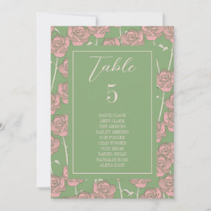 Grüne rosa Retro-Rosen-Blumenmuster Sitzplan Einladung