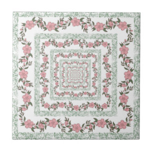 Grüne rosa Umrandung Retro Y2K 70er Blumenmuster Fliese