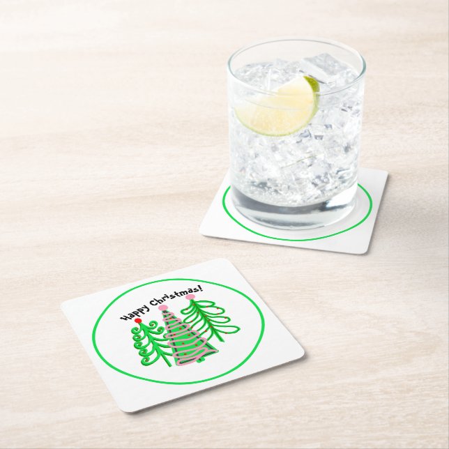 Grüne, rosa Weihnachtsbaumen Rechteckiger Pappuntersetzer (Vor Ort)