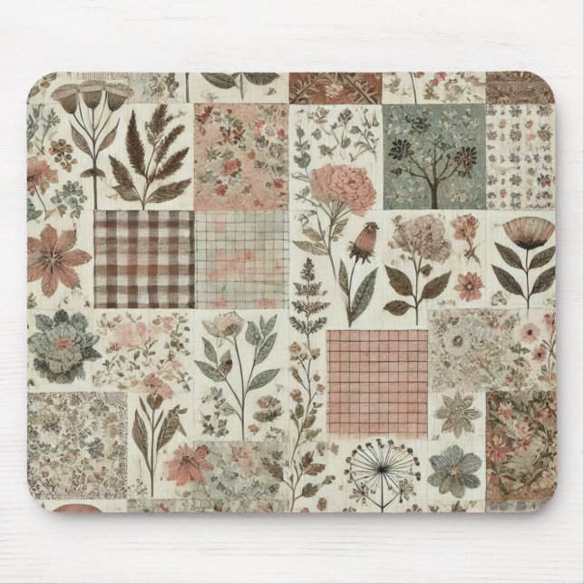 Grüne Rosafarben-Rosa-Patchwork-Blumenmuster-Stegk Mousepad (Vorne)