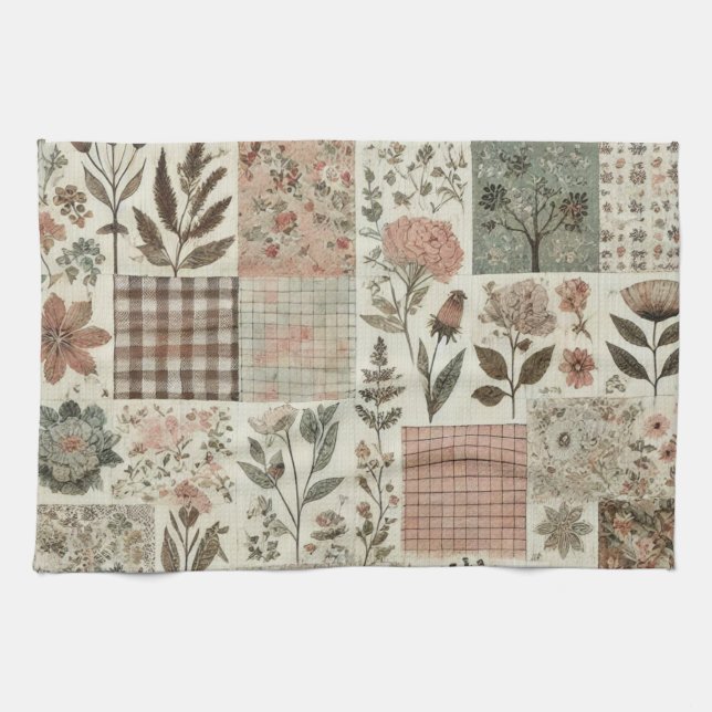 Grüne Rosafarbene Patchworkdecke Rustikales Floral Geschirrtuch (Horizontal)