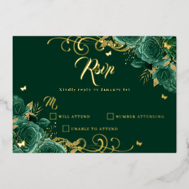 Grüne Rose Blumengoldwirbel Gold Quinceanera Folieneinladung