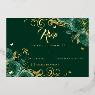 Grüne Rose Floral Gold Swirl Gold Quinceanera Folieneinladung