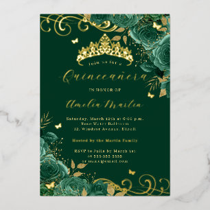 Grüne Rose Floral Gold Swirl Quinceanera Folieneinladung