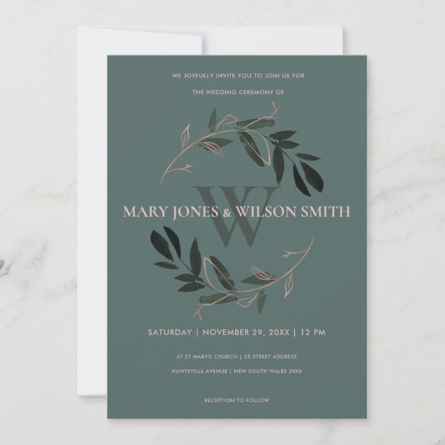 GRÜNE ROSE GOLD FOLIAGE WREATH WEDING INVITE DANKESKARTE (Vorderseite)