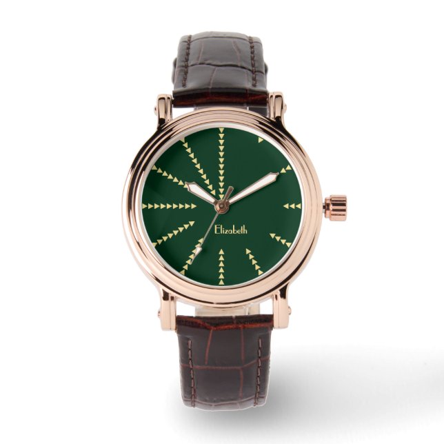 Grüne Rose Gold Mit Monogramm Lederband Armbanduhr (Vorderseite)