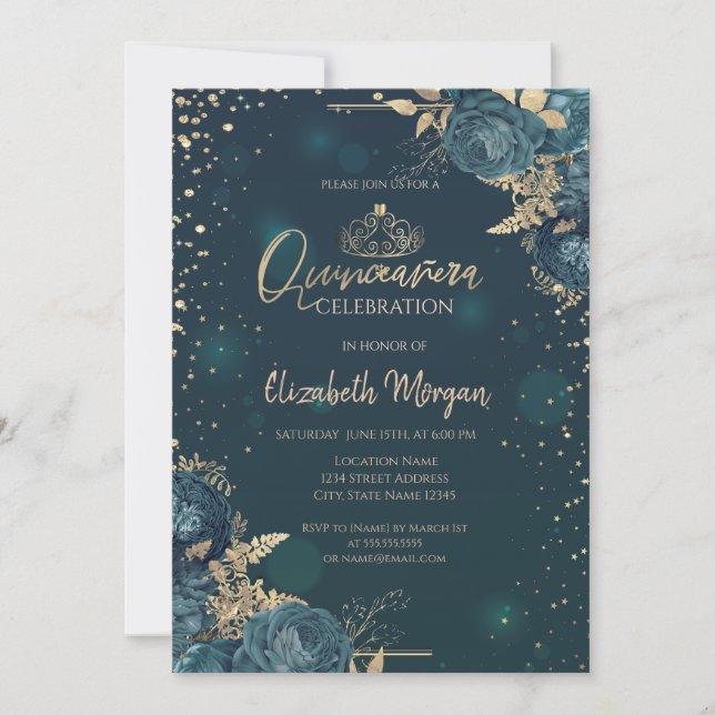 Grüne Rose, Gold Tiara, Diamonds Quinceañera Einladung (Vorderseite)