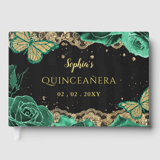 Grüne Rose Schwarzer Schmetterling Quinceañera Gästebuch (Vorderseite)