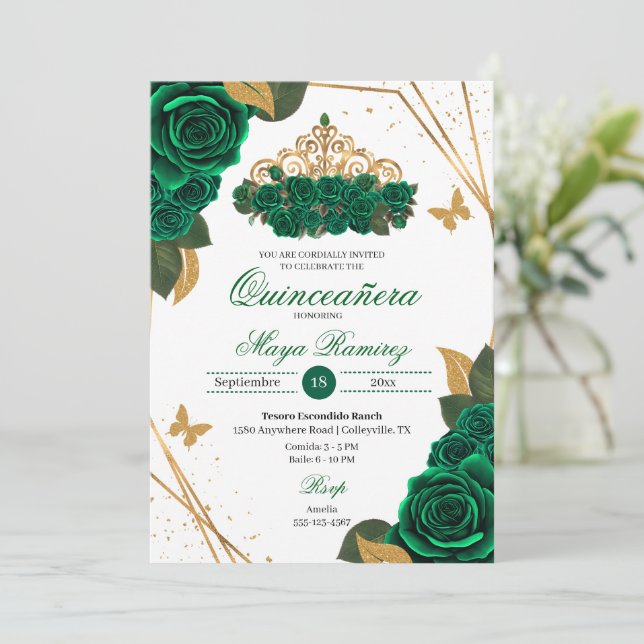 Grüne Rose Tiara Gold Glitzer Quinceañera Einladung (Stehend Vorderseite)