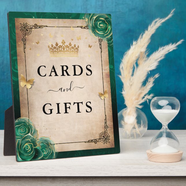 Grüne Rose- und Goldkronenkarte und Geschenkzeiche Fotoplatte (Seite)