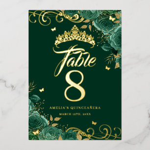 Grüne Rosenwirbel-Quinceanera-Gold-Tischnummer Folieneinladung