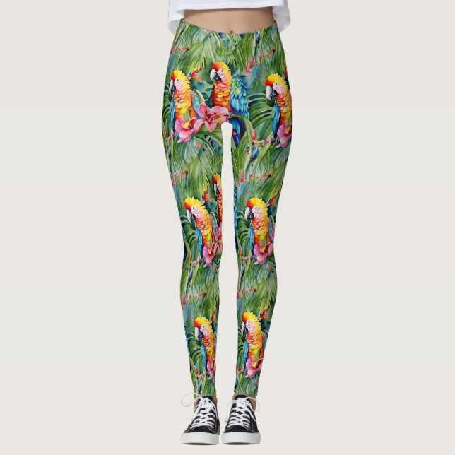 Grüne, rote, blaue Papageien und tropische Blume Leggings (Vorderseite)