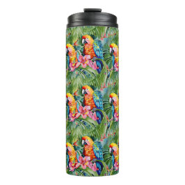Grüne, rote, blaue Papageien und tropische Blume Thermosbecher