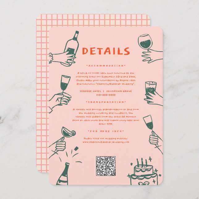 Grüne rote Hand gezeichnet Funky Groovy Hochzeitsd Begleitkarte (Von Creator hochgeladen)