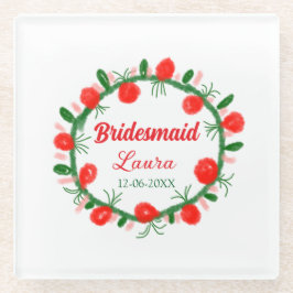 Grüne rote Kränze hinzufügen Namen Brautjungfrau G Glasuntersetzer