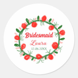 Grüne rote Kränze hinzufügen Namen Brautjungfrau G Runder Aufkleber