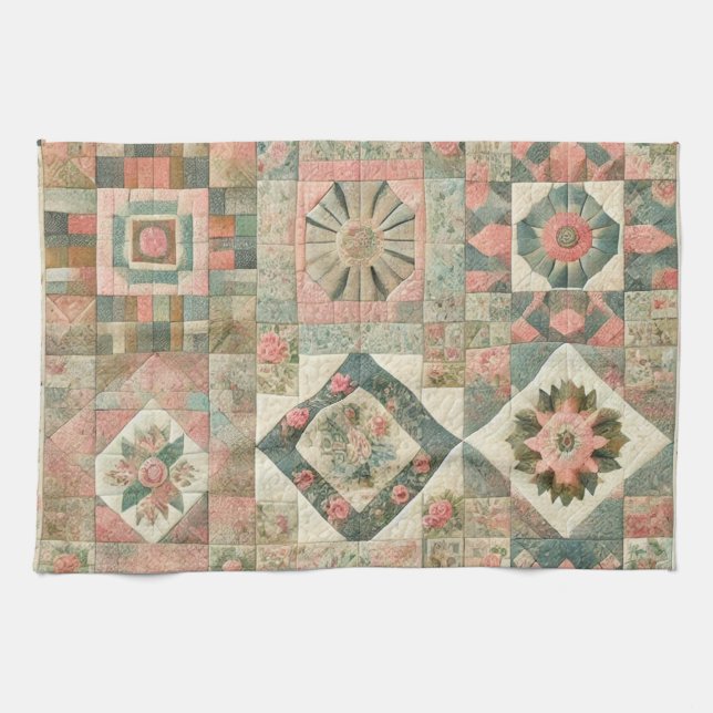 Grüne Röte Rosa Patchwork-Quilt Rustikale Blumen  Geschirrtuch (Horizontal)