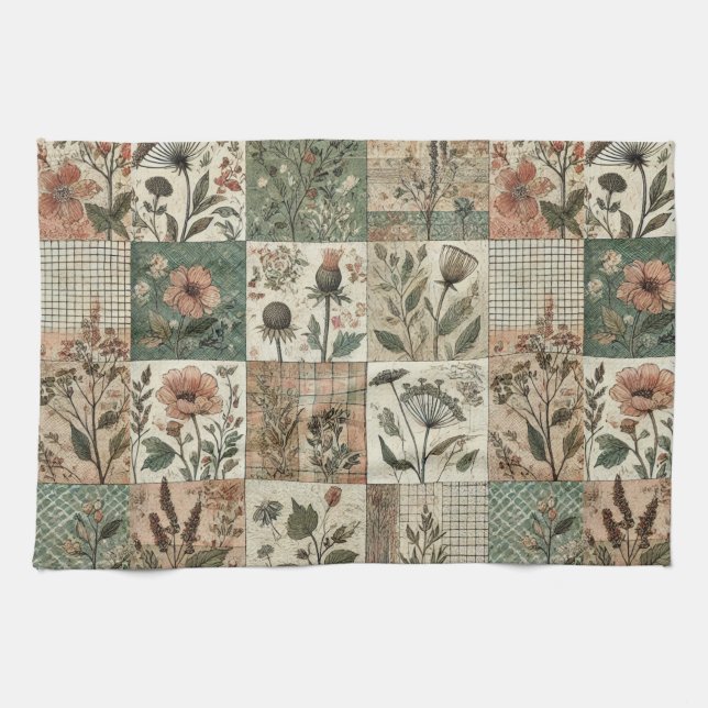 Grüne Röte Rosa Patchwork-Quilt Rustikales Florale Geschirrtuch (Horizontal)
