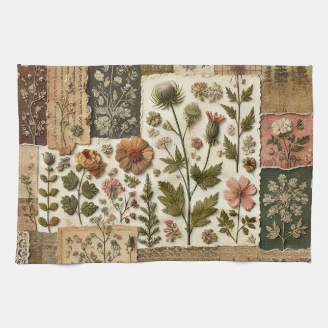 Grüne Röte Rosa Patchwork-Quilt Rustikales Florale Geschirrtuch (Horizontal)