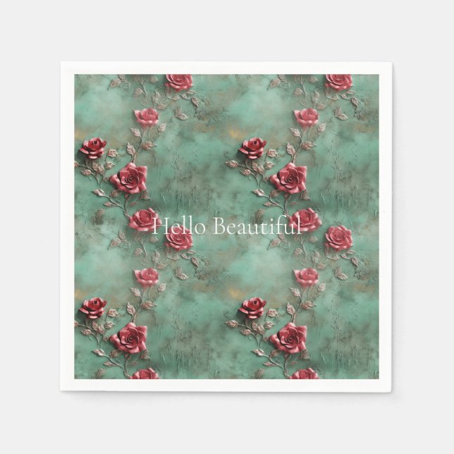 Grüne Rote Rosen Serviette (Vorderseite)