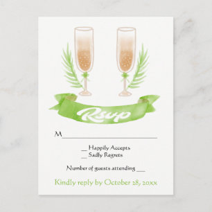 Grüne RSVP-Aquarell-Champagnergläser Hochzeit Einladungspostkarte