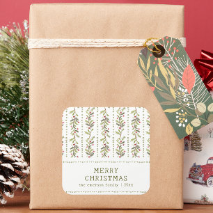 Grüne Rustikale Botanische Weihnachtsaufkleber Quadratischer Aufkleber