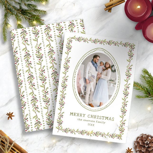 Grüne Rustikale Botanische Weihnachtskarte Feiertagskarte (Holiday Vintage Green Rustic Botanical Christmas Photo Card by Painted Paperie
)