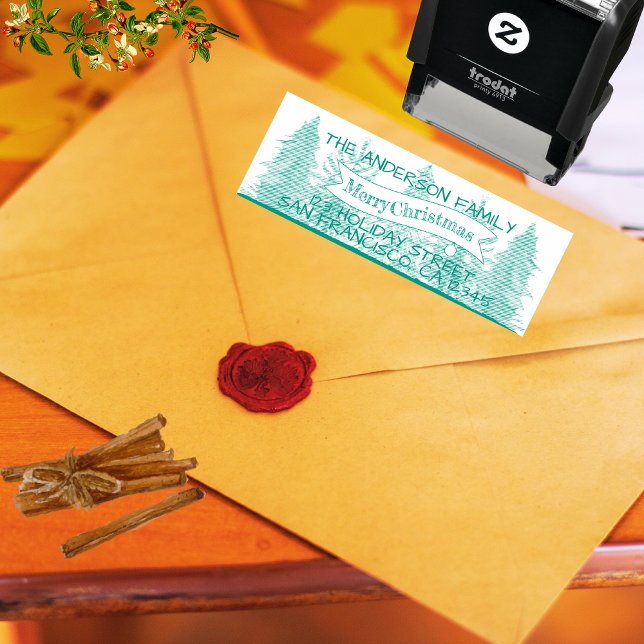 Grüne rustikale frohe Weihnachtsbaum-Rücksendeadre Permastempel (Von Creator hochgeladen)
