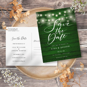 Grüne Rustikale Holz-Lichterkette Save-the-Date-Ka Postkarte