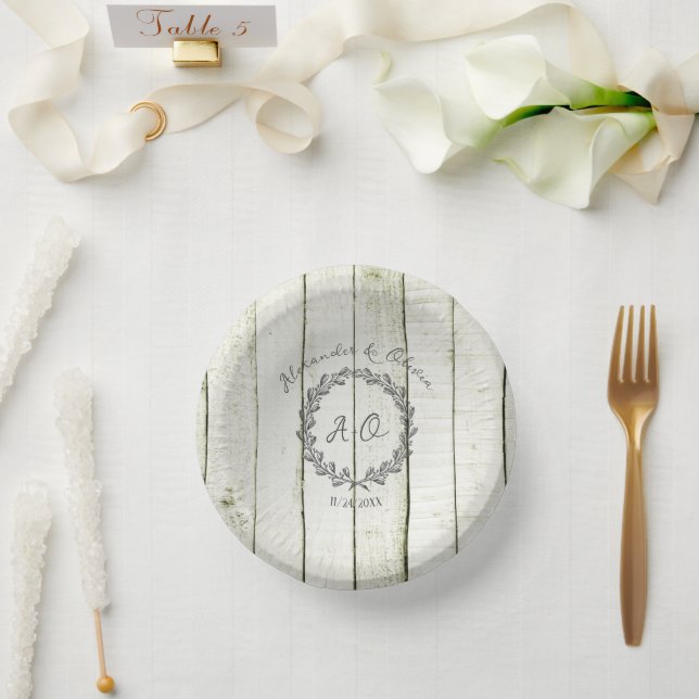 Grüne Rustikale Monogram-Hochzeitspapierschüsseln Pappteller (Hochzeit)