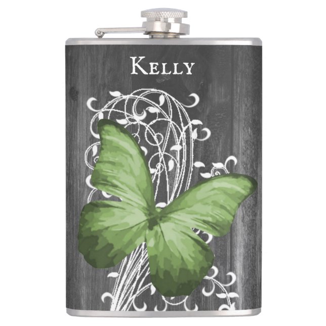 Grüne Rustikale Schmetterlingsmaske Personalisiert Flachmann (Vorderseite)