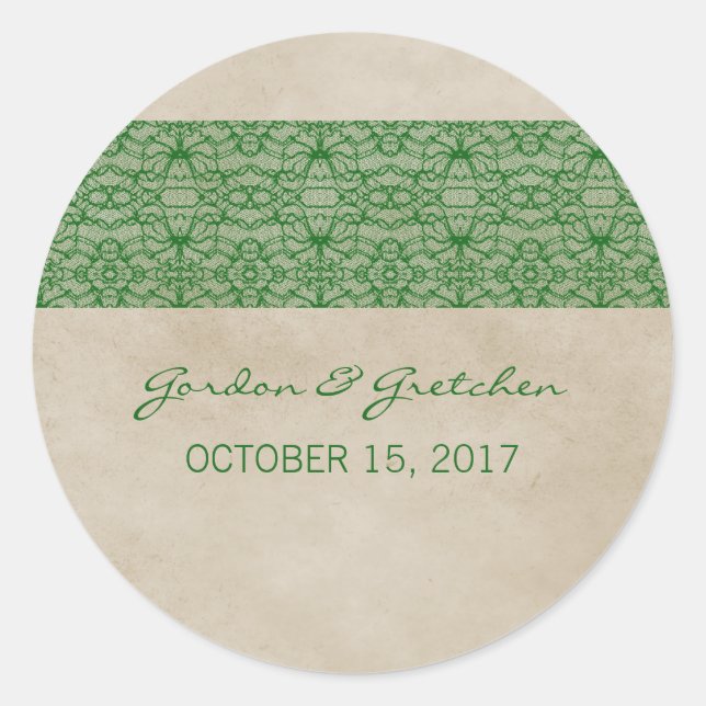Grüne, rustikale Spitzen-Hochzeitskleber Runder Aufkleber (Vorderseite)