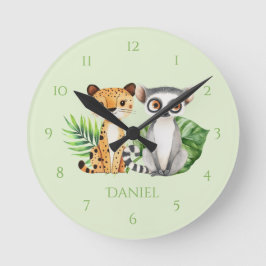 Grüne Safari-Leopard- und Affen-Kinderzimmer-Wand Runde Wanduhr
