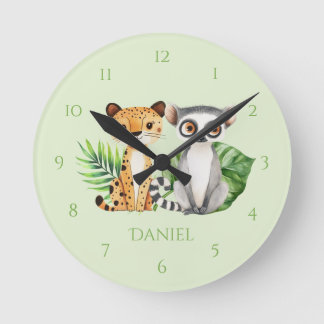 Grüne Safari-Leopard- und Affen-Kinderzimmer-Wand Runde Wanduhr