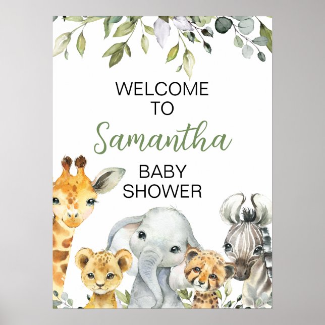 Grüne Safari Tiere Baby Dusche Begrüßungszeichen Poster (Vorne)