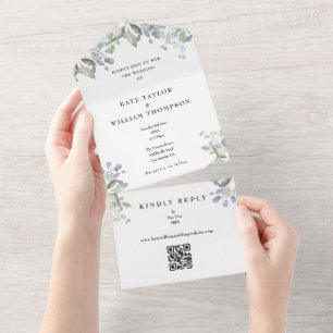 Grüne Salbei Flieder Blumen QR Code Hochzeit All In One Einladung