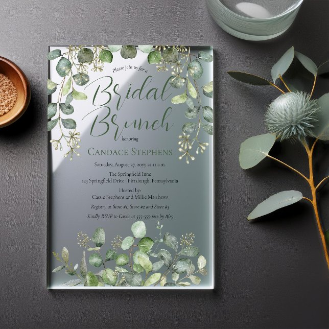 Grüne Samenpflanze Eukalyptus-Brautparty Acryleinladungen (Elegant Forest and Sage Green Seeded Eucalyptus Bridal Brunch Acrylic Invitations)