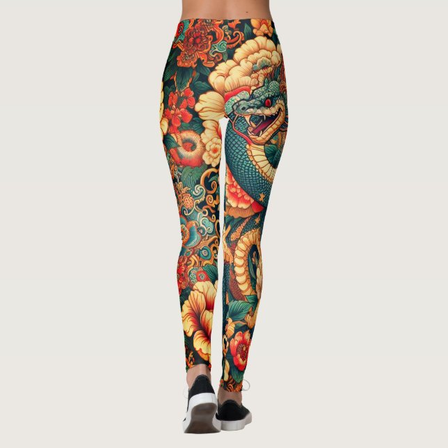 Grüne Schlange Blume Leggings (Rückseite)