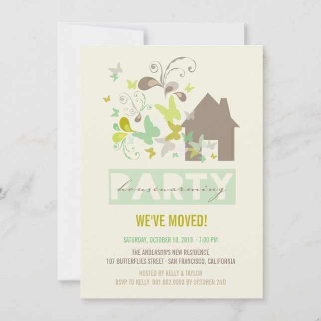 Grüne Schmetterlinge Burst House Erwärmung Party E Einladung (Vorderseite)