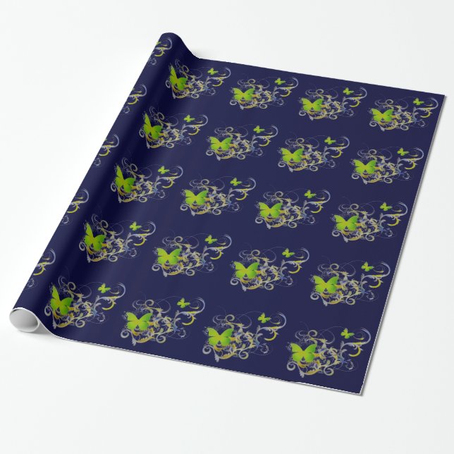 Grüne Schmetterlinge Geschenkpapier (Ungerollt)