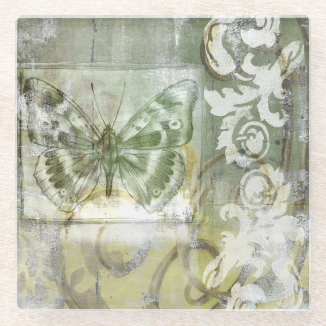 Grüne Schmetterlings-Einfügung mit Ironwork-Tor Glasuntersetzer (Vorderseite)