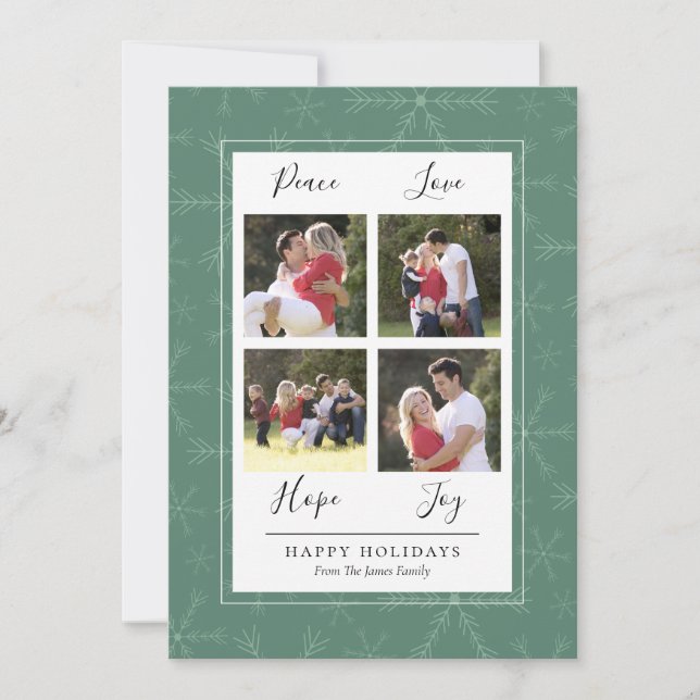 Grüne Schneeflocken Vier Foto Weihnachtskarte Feiertagskarte (Vorderseite)
